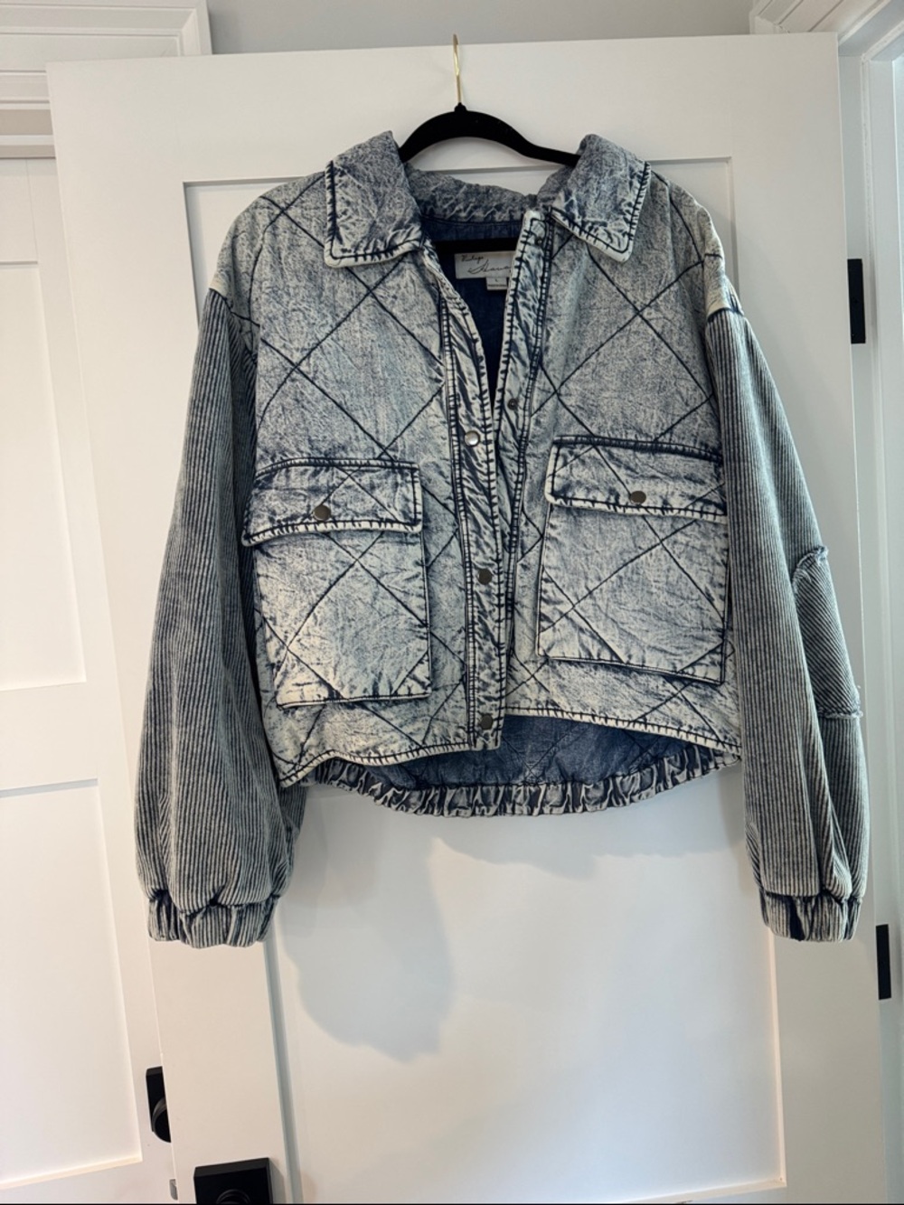 Vintage Havana Acid Wash Quilted Jean Jacket with Corduroy Sleeves - Blue & Gray